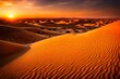 A desert scene with towering sand dunes under a blazing sunset
