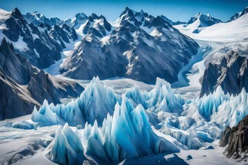 Wall Mural - A breathtaking view of an icy glacier against a clear blue sky, with sharp peaks and deep crevasses