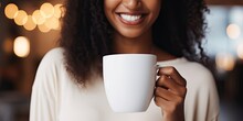 Woman Holding Up A White Coffee Mug, Generative AI