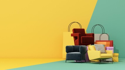 Wall Mural - interior design concept sale discounts promotion of spinning furniture sofa, armchair. Surrounded by shopping bag and cardboard box with advertising spaces banner. yellow tone. 3d animation looping.