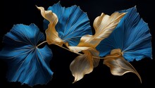 Gold And Blue Leaves On Black Background, Luxurious Fabrics Style, Photorealistic Compositions, Light Indigo, Textured Pigment Planes