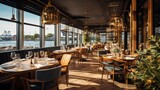 Fototapeta Boho - Rows of tables and seats set next to a luxury yachting style restaurant's windows