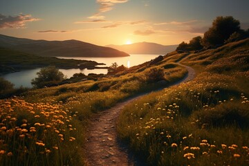 Wall Mural - A winding trail through golden meadows reveals a majestic lake embraced by rolling hills under the amber hues of twilight. GoldenMeadow_HDlandscape.