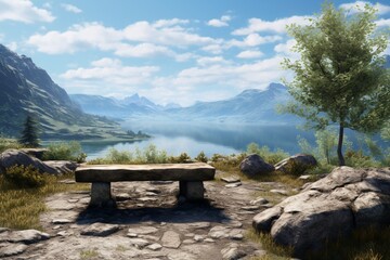 Wall Mural - A rocky outcrop with a natural stone bench, providing a peaceful spot to observe the tranquil lake and distant mountains. Stone bench panorama.