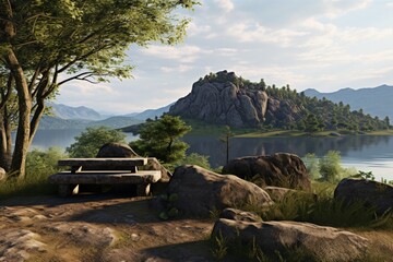 Wall Mural - A rocky outcrop with a natural stone bench, providing a peaceful spot to observe the tranquil lake and distant mountains. Stone bench panorama.