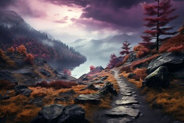 Wall Mural - A rocky path ascends to a high vantage point, showcasing a serene lake surrounded by autumnal forests and purple-tinged clouds. RockyAscend_HDlandscape.
