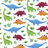 Fototapeta Dinusie - Dinosaurs seamless pattern. Cute dinos children illustration. Isolated on transparent background