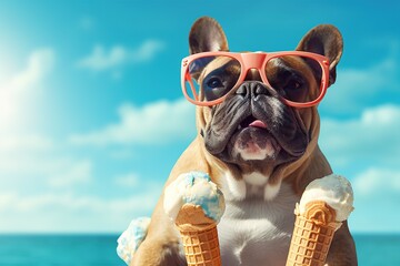 Funny animal pet summer holiday vacation photography banner - Closeup of bulldog dog with sunglasses, eating ice cream in cone, blue sky with sunshine in background 