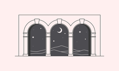 Wall Mural - Vector boho logo design template with portals,mountains or desert dunes,crescent moon,and stars.Mystic illustration with moroccan arches.Travel emblem in oriental style.Branding design template.