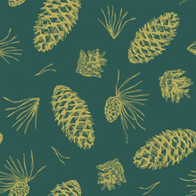 Gold Pine Cones Botanical Seamless Pattern. Christmas Background.. Vector Illustration.