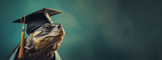 Wall Mural - A profile view of a turtle in a graduation cap evokes a sense of steady progress and wisdom.
