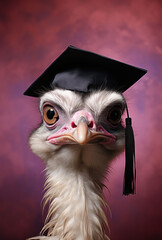 Wall Mural - A detailed close-up of an ostrich wearing a graduation cap, showcasing a mixture of solemnity and humor.
