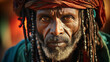 Portrait of old tribe man with wise eyes and traditional  head decoration