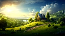 Beautiful scenery of nature with house on hill with green grass, sun light rays video background animation looping live wallpaper 4k