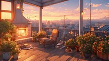 Urban Rooftop Retreat Enveloped Soft, Rainkissed Vines, Accompanied Crackling Warmth Fireplace Calming Melody Distant Saxophone. Stream Overlay Animation