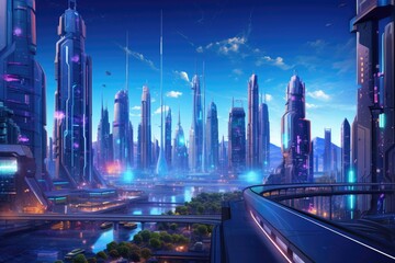 Wall Mural - Nighttime futuristic city with bright lights and starry sky