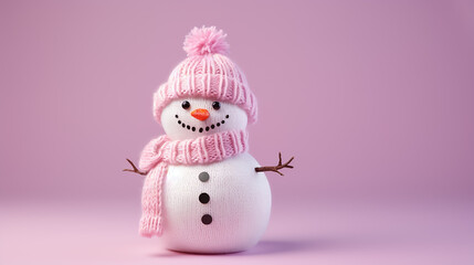 Wall Mural - Cute knitted snowman in a hat and scarf on an isolated pink background with copyspace. Header for a website.