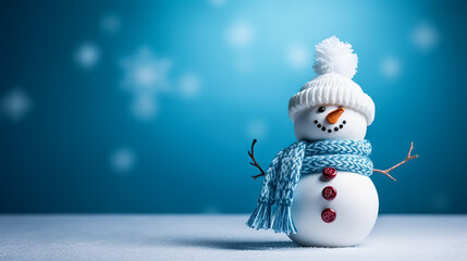 Wall Mural - Cute knitted snowman in a hat and scarf on an isolated blue background with copyspace. Header for a website.