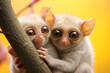 Adorable tarsier duo clinging to a tree, observing their surroundings.