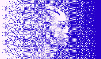 Poster - Head silhouette in profile in pixel art style. Vector illustration devoted to the theme of machine learning and future technologies.
