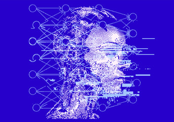Poster - Head silhouette in profile in pixel art style. Vector illustration devoted to the theme of machine learning and future technologies.