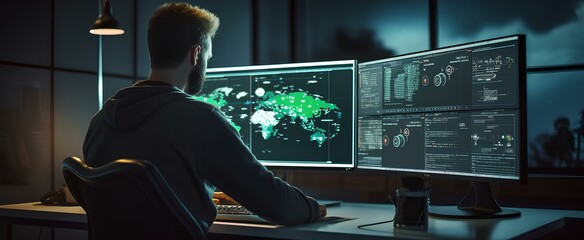 A programmer developing cloud-based solutions. His screen is filled with cloud icons and server schematics. generative AI