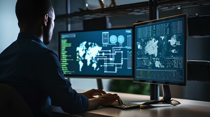 a programmer developing cloud-based solutions. his screen is filled with cloud icons and server sche