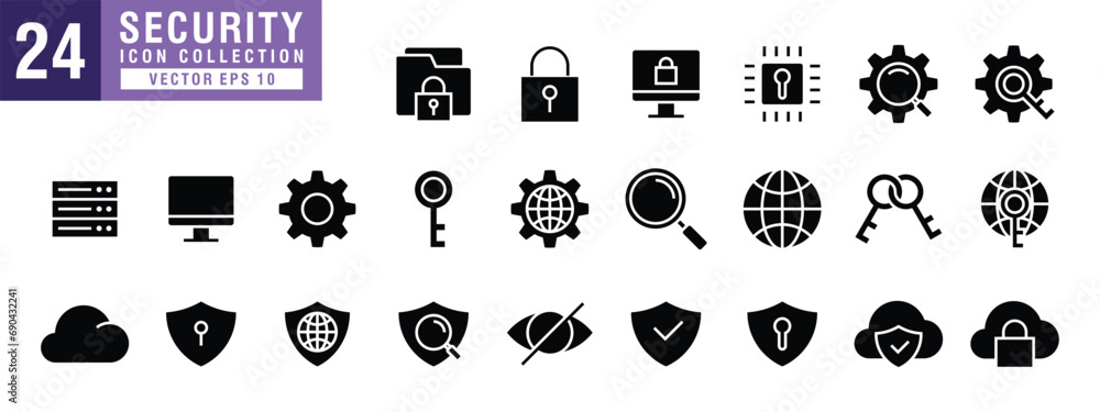 Vector of cyber security icon set, protection, lock, key, shield ...