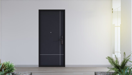 Door way with digital locking on wood door. Digital door handle with wood door panel.