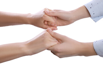 Wall Mural - Women holding hands on white background, closeup