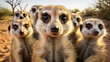 A playful group of curious meerkats standing up to look at the viewer. Meerkats live in Southern Africa's plains and grasslands.