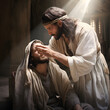 Jesus Christ healing a blind man. A Biblical miracle. 