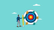 business plan and target achievement illustration with the concept of a businessman attaching plan paper to the archery target face, business target achievement and goal concept, business plan