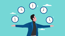 Time Management Illustration With The Concept Of A Businessman Holding Several Watches At Different Times, Time Management Techniques For Better Engagement, Time Management Related To Productivity