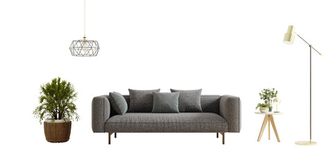Wall Mural - Modern grey sofa in living room on on transparent background.3d rendering