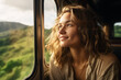 © Antonio - Caucasian woman on a bus looking at the mountains through the window. Generative AI