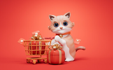 Wall Mural - 3D cartoon style cute cat and shopping cart, 3d rendering.