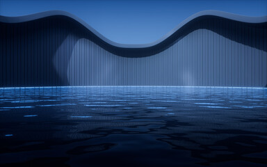 Wall Mural - Water surface with building at night, 3d rendering.