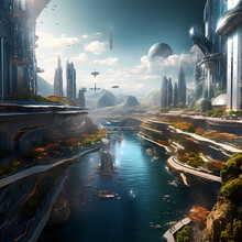 A Futuristic City With Floating Platforms