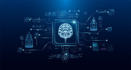 Wall Mural - Brain organ human in microchip processor circuit board. HUD interface hologram. Innovative health care analysis of AI technology digital hi tech. Modern treatment future medicine. Vector.