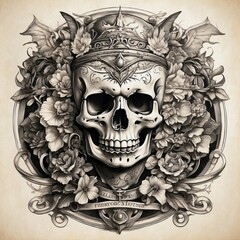 Poster - flower girl tattoo with skull and wing illustration