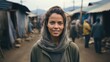 Woman is wearing displaced persons simple clothing against shelter in a war-ravaged town background. Generative AI.