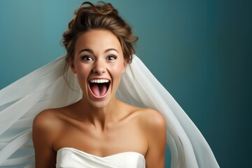 Wall Mural - Happy bride looking surprised on blue background. Generative AI.