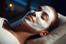 A Woman Enjoying A Luxurious Cream Face Mask Treatment In A Serene Spa, Relaxed. Generative AI.