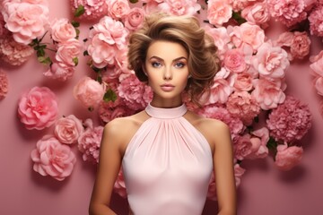 Wall Mural - A beautiful young woman in a pretty dress with flowers posing over pink background. Generative AI.
