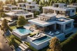 A luxury modern houses, Some houses have pools and garages, Top view. Generative AI.