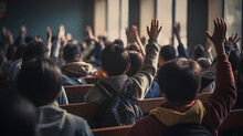 Students Raise Their Hands To Answer The Teacher's Questions In The Classroom, Many Students Raise Their Hands, Back View Image.