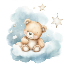 Wall Mural - Cute baby teddy bear sleeping on the cloud Illustration, Generative Ai