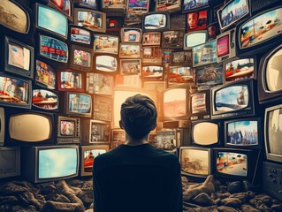 Wall Mural - futuristic neon cyberspace: dynamic abstract motion on tv screens - 3d render