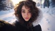 woman taking snow gorgeous face portrait curly bangs russian japanese mix round looking shoulder hollow cheeks teenage short hair gel close